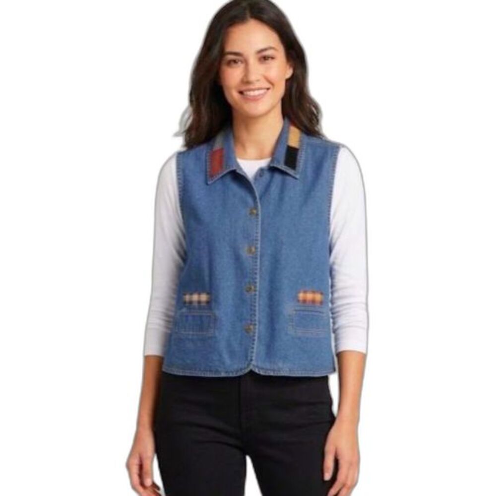 Folk Art Clothing Women's Blue Denim Colorful Patchwork Button Up Vintage Vest M